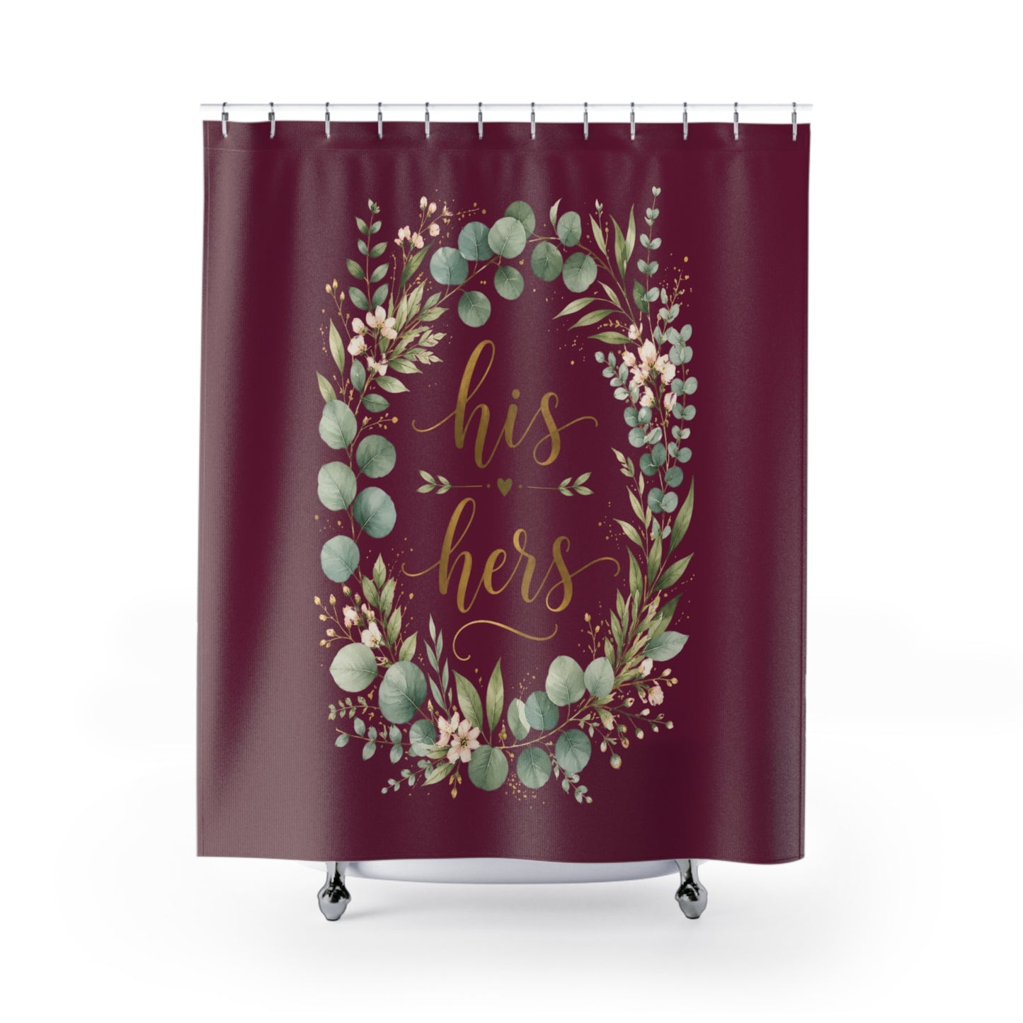 His & Hers Burgundy Floral Shower Curtain – Romantic Eucalyptus Wedding Bathroom Decor