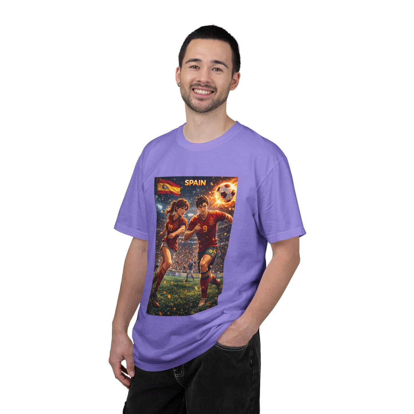 Spain Soccer Graphic T-Shirt — Retro Match Scene with Flag