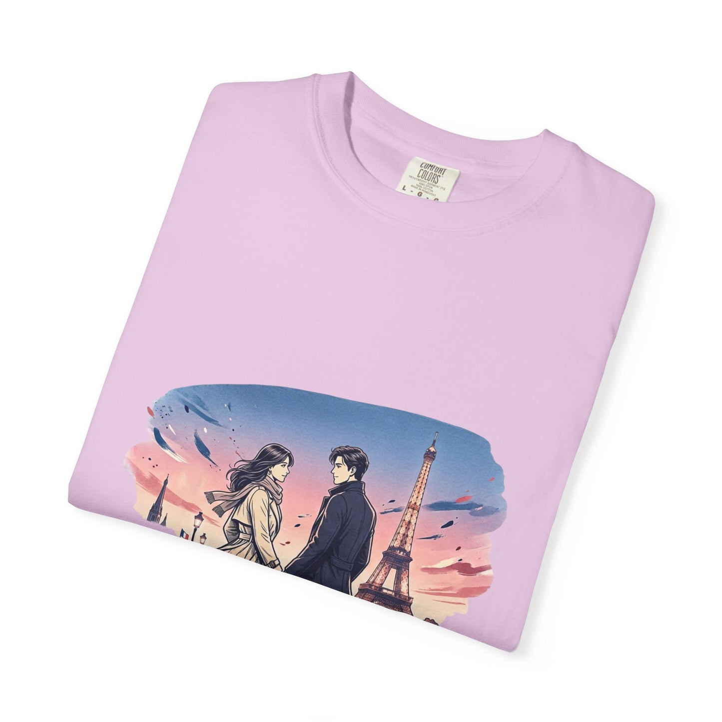 Paris Sunset Romance T-Shirt — Couple Walking by Eiffel Tower Graphic Tee