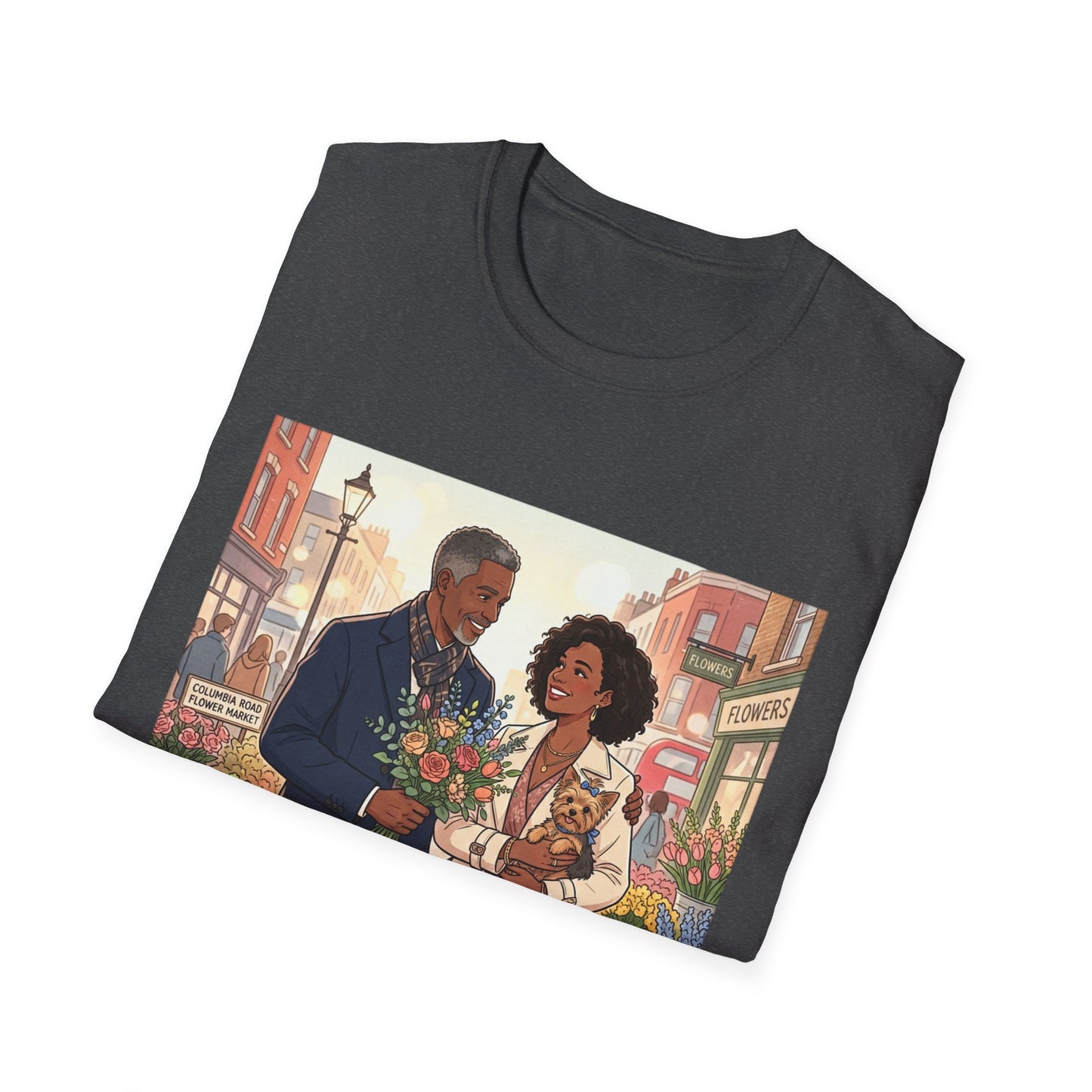 Romantic City Stroll T-Shirt — Couple Bouquet Illustration