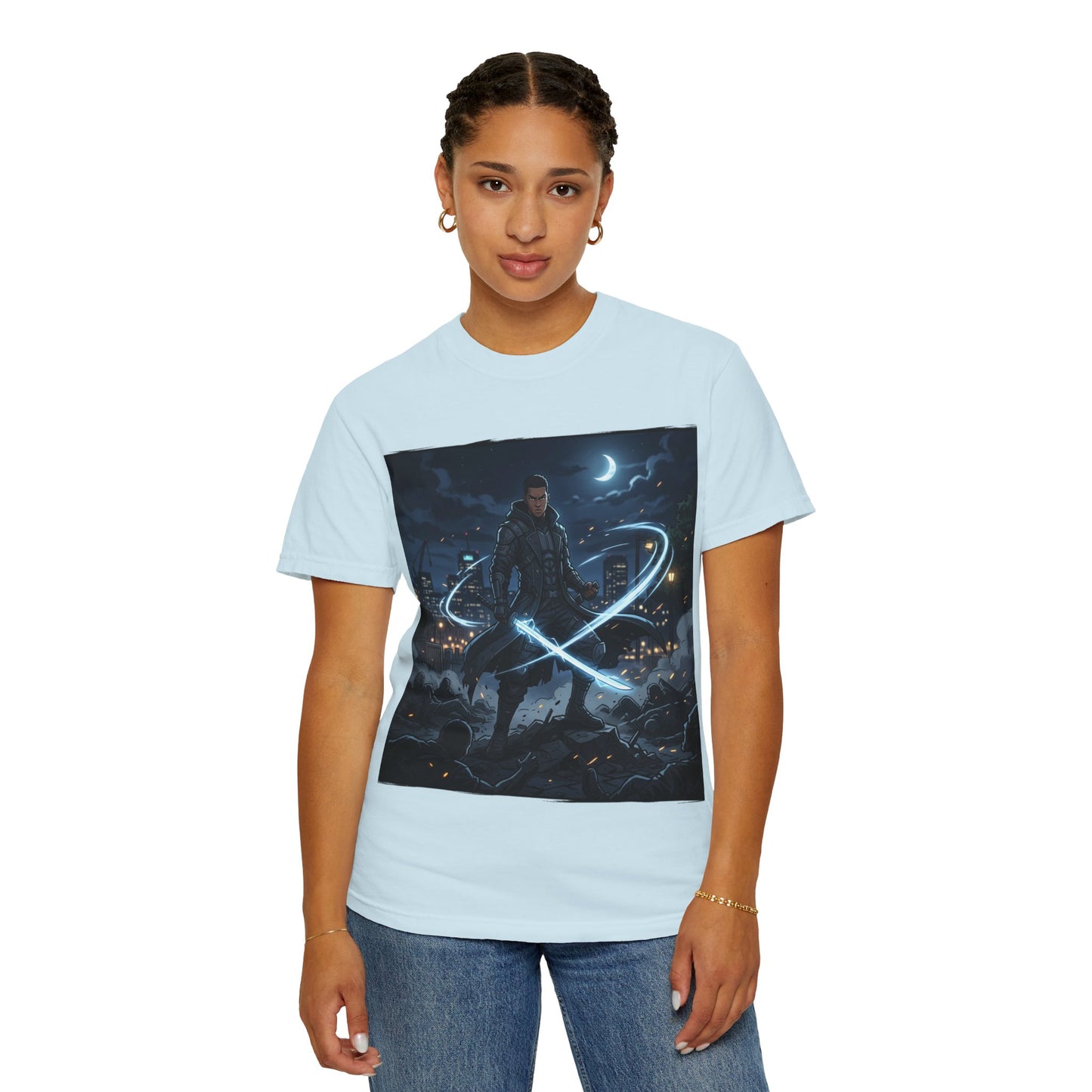Urban Night Warrior T-Shirt — Neon Samurai Cityscape