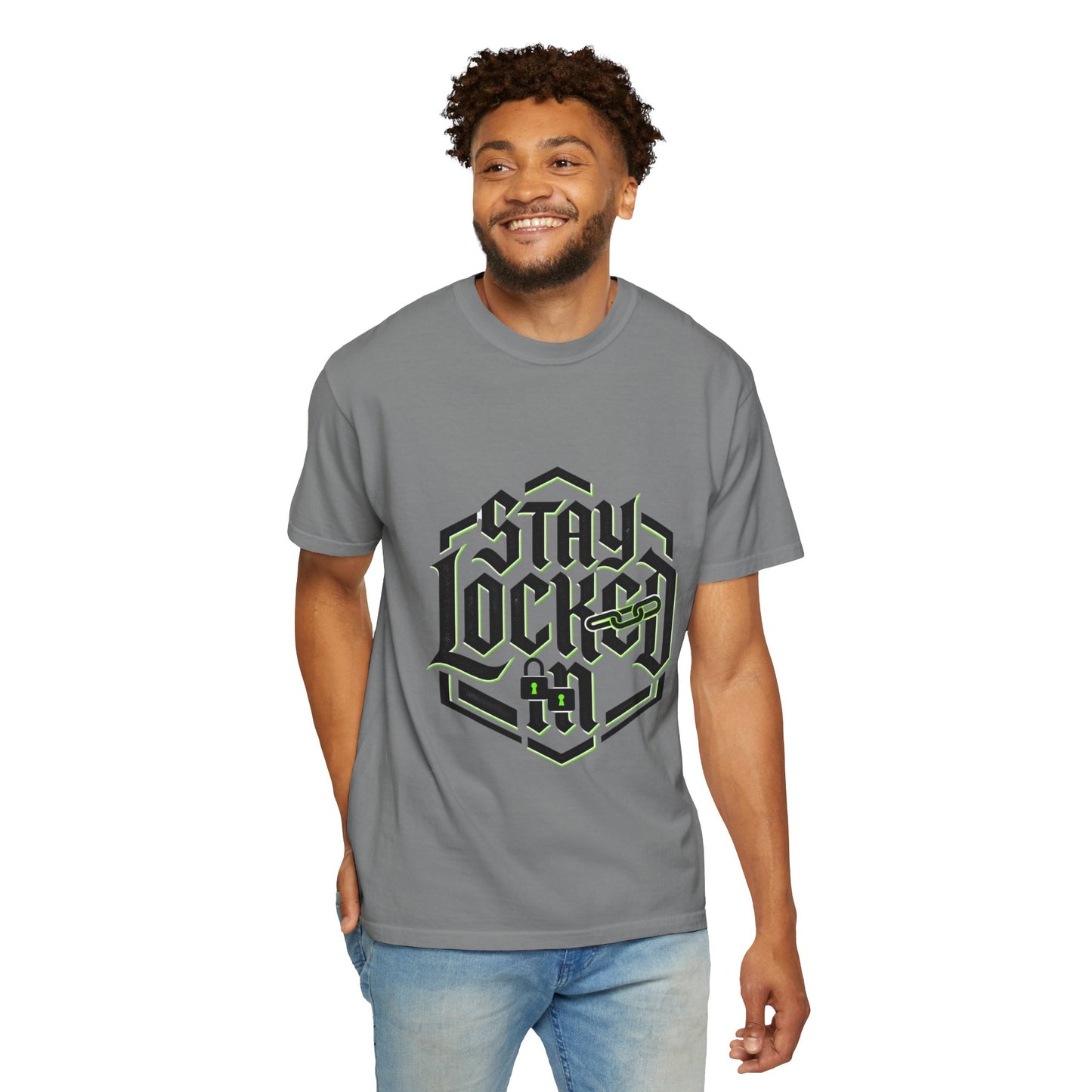 Stay Locked In T-Shirt — Bold Gothic Logo Tee