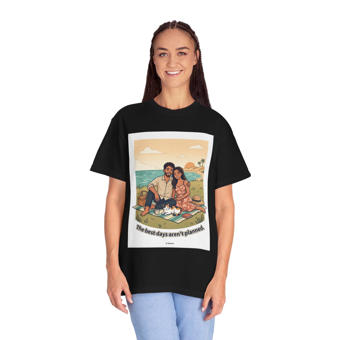 Beach Picnic Couple T‑Shirt — “The best days aren’t planned.” Relaxed Vacation Tee