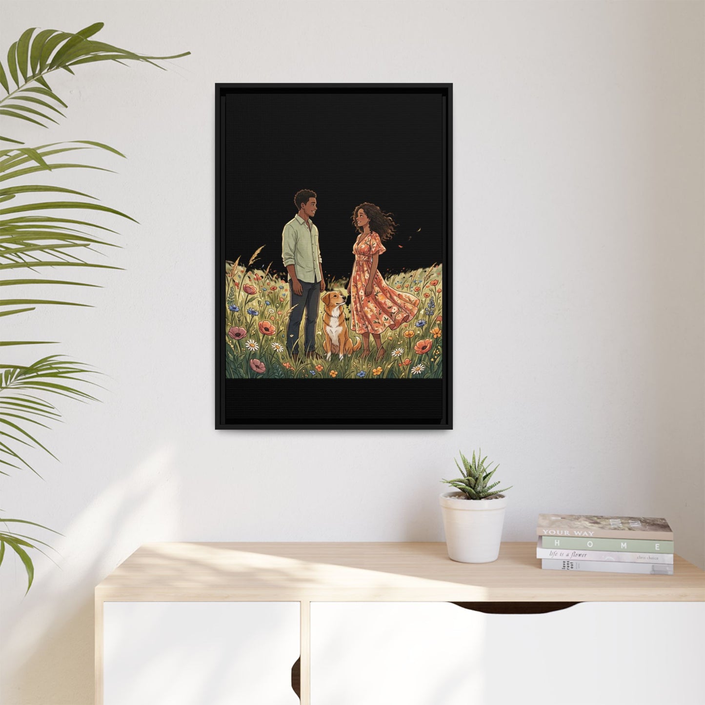 Framed Matte Canvas Print — Romantic Couple in Wildflower Field (Multi‑Color)