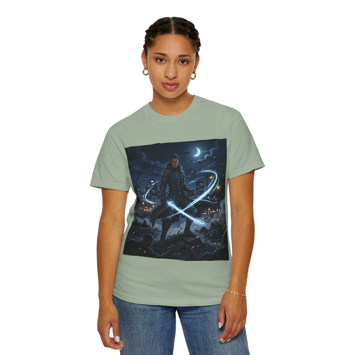 Urban Night Warrior T-Shirt — Neon Samurai Cityscape