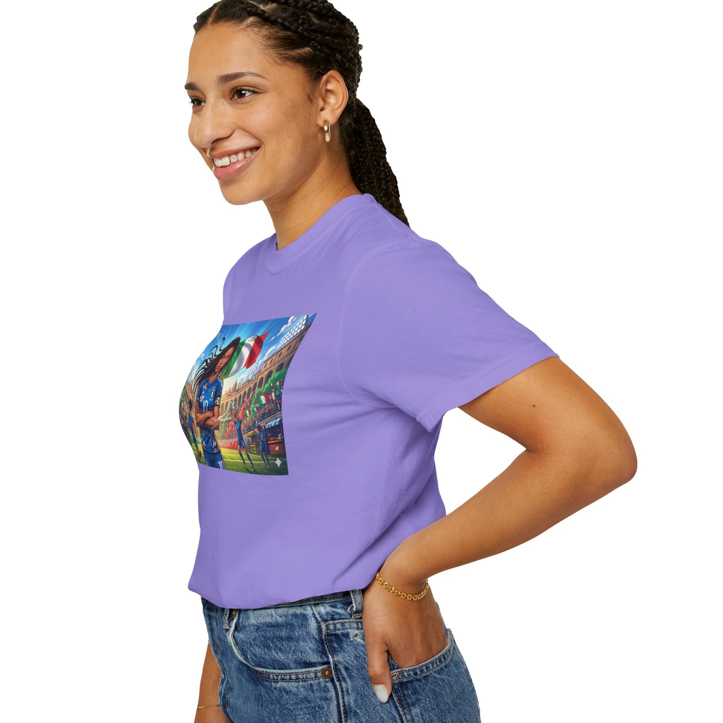 Italian Soccer Fan T‑Shirt – Inspirational Female Player with Italy Flag Stadium Print