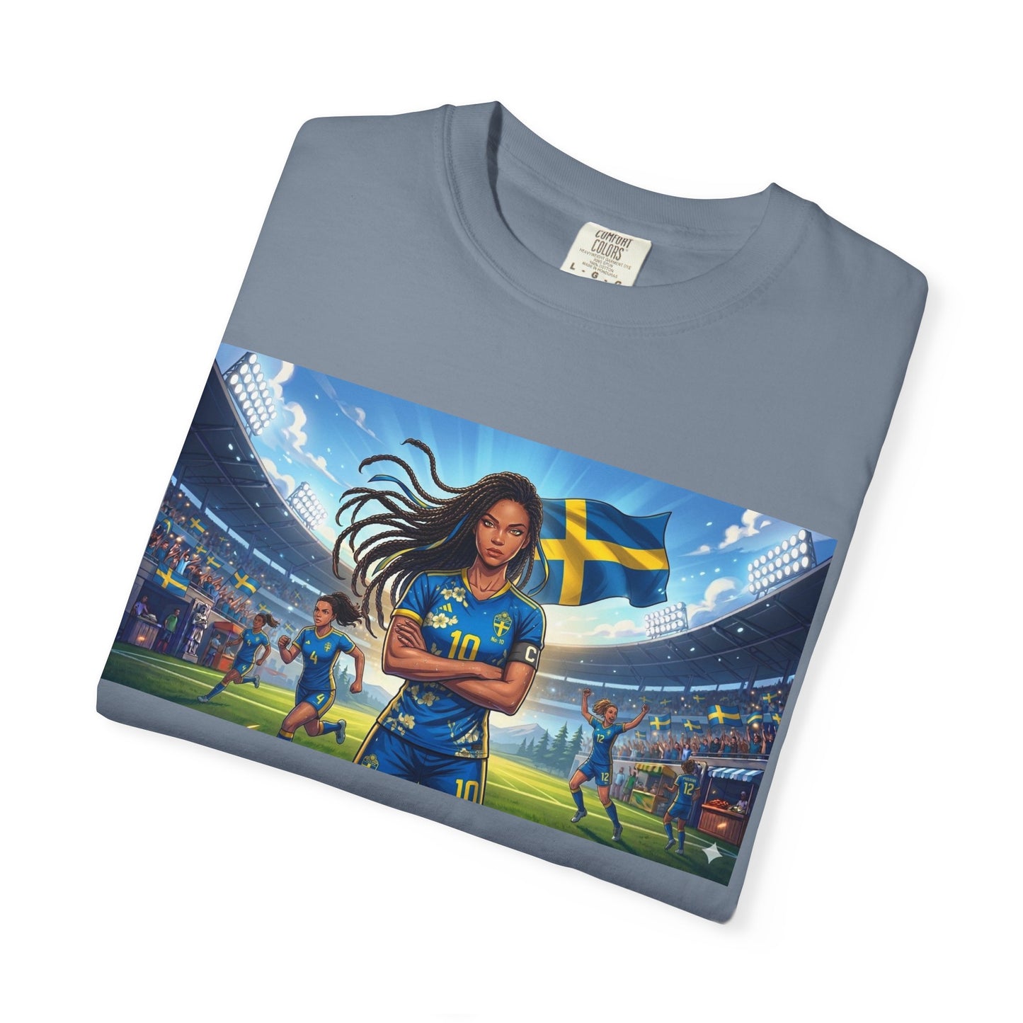 Swedish Soccer Pride T-Shirt — Female Footballer with Flag Stadium Design