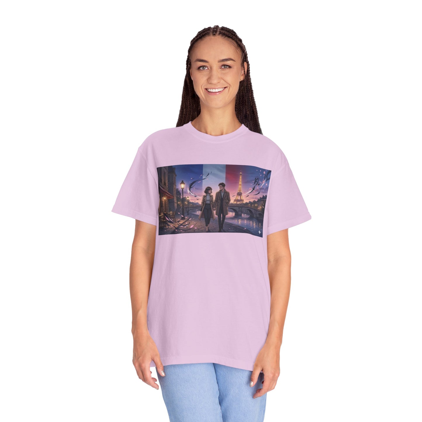 Couple Walking, Eiffel Tower - T-Shirt — Romantic Paris Nightscape Graphic Tee
