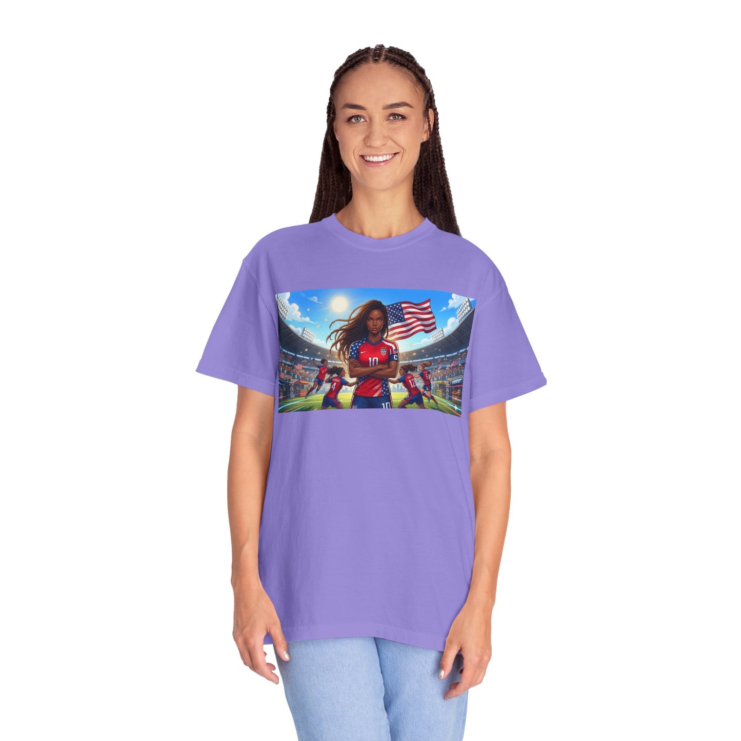 Soccer Mom USA T-Shirt — Female Soccer Player with American Flag Stadium Graphic