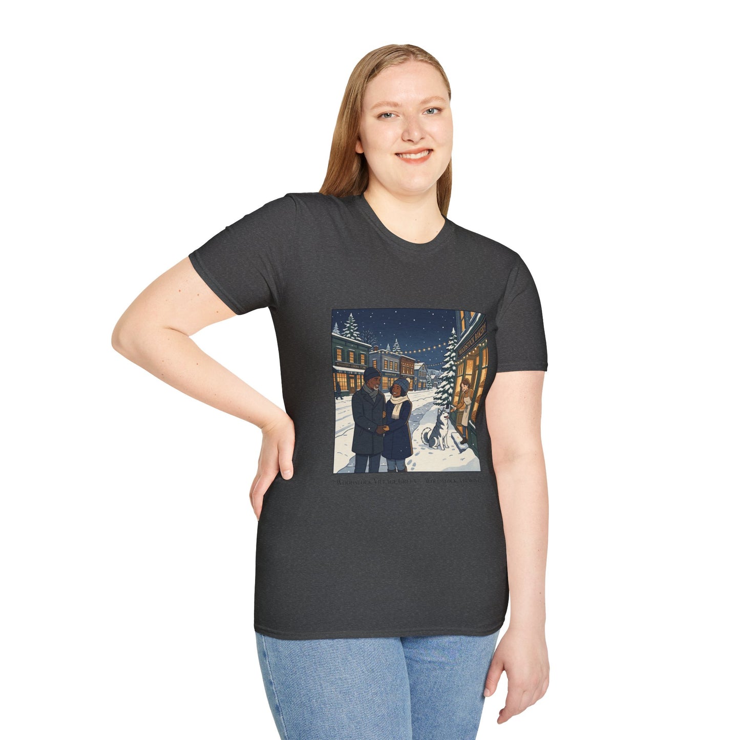 Winter String Lights Stroll T-Shirt — Cozy Holiday Street Scene Graphic Tee