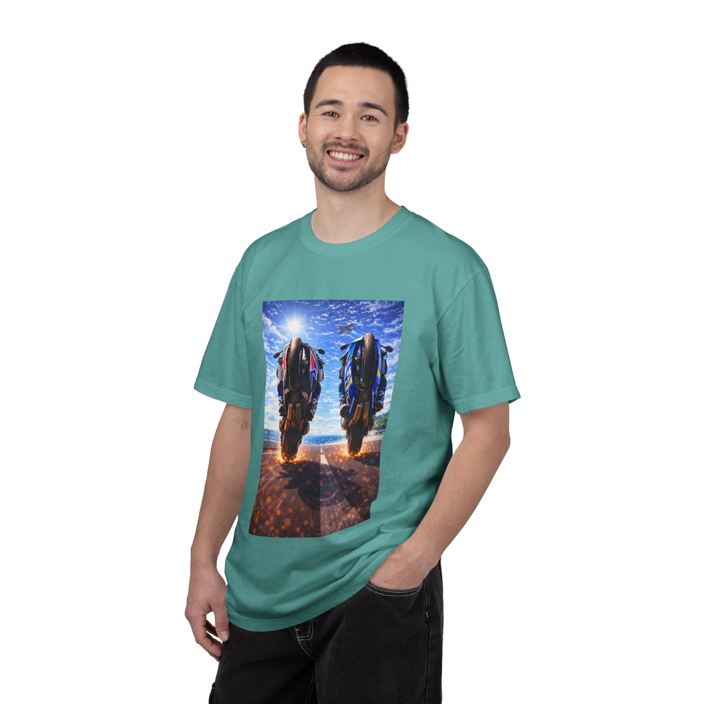 Motorcycle Sunset T-Shirt — Two Bikes Riding Into the Horizon