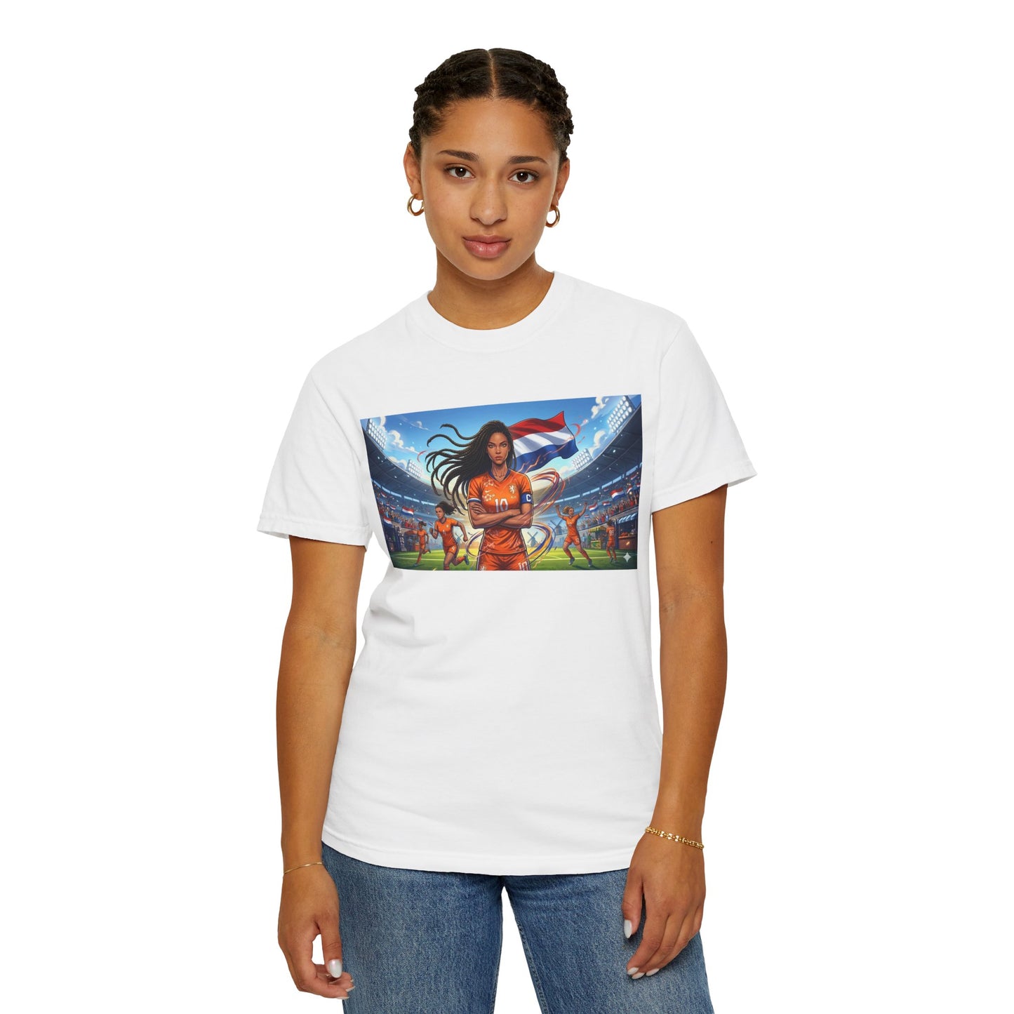 Soccer Warrior T-Shirt — Netherlands Female Captain with Flag Stadium Graphic