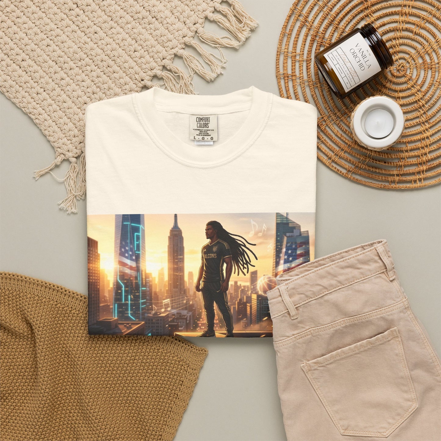 Cyberpunk Cityscape T-Shirt — Silhouette Hero at Sunset