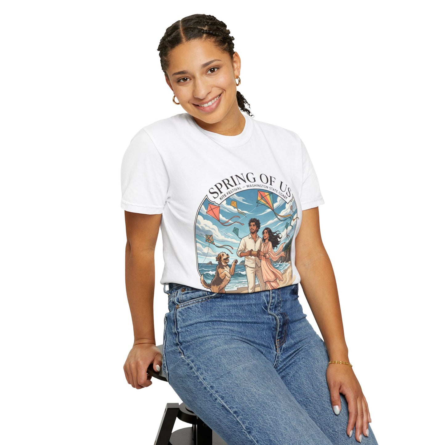 Spring of Us T-Shirt — Romantic Beach Couple Illustration with Dog