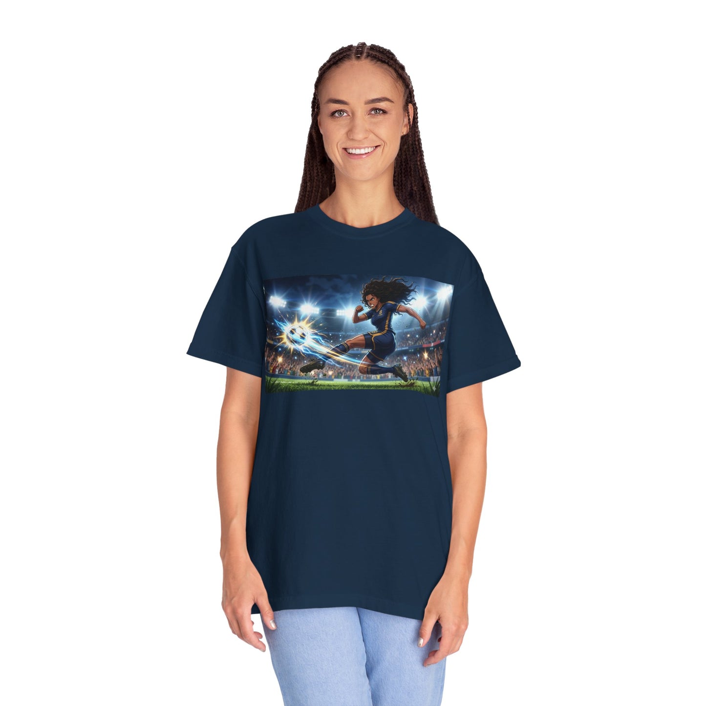 Soccer Kick Graphic T-Shirt — Energetic Stadium Football Design