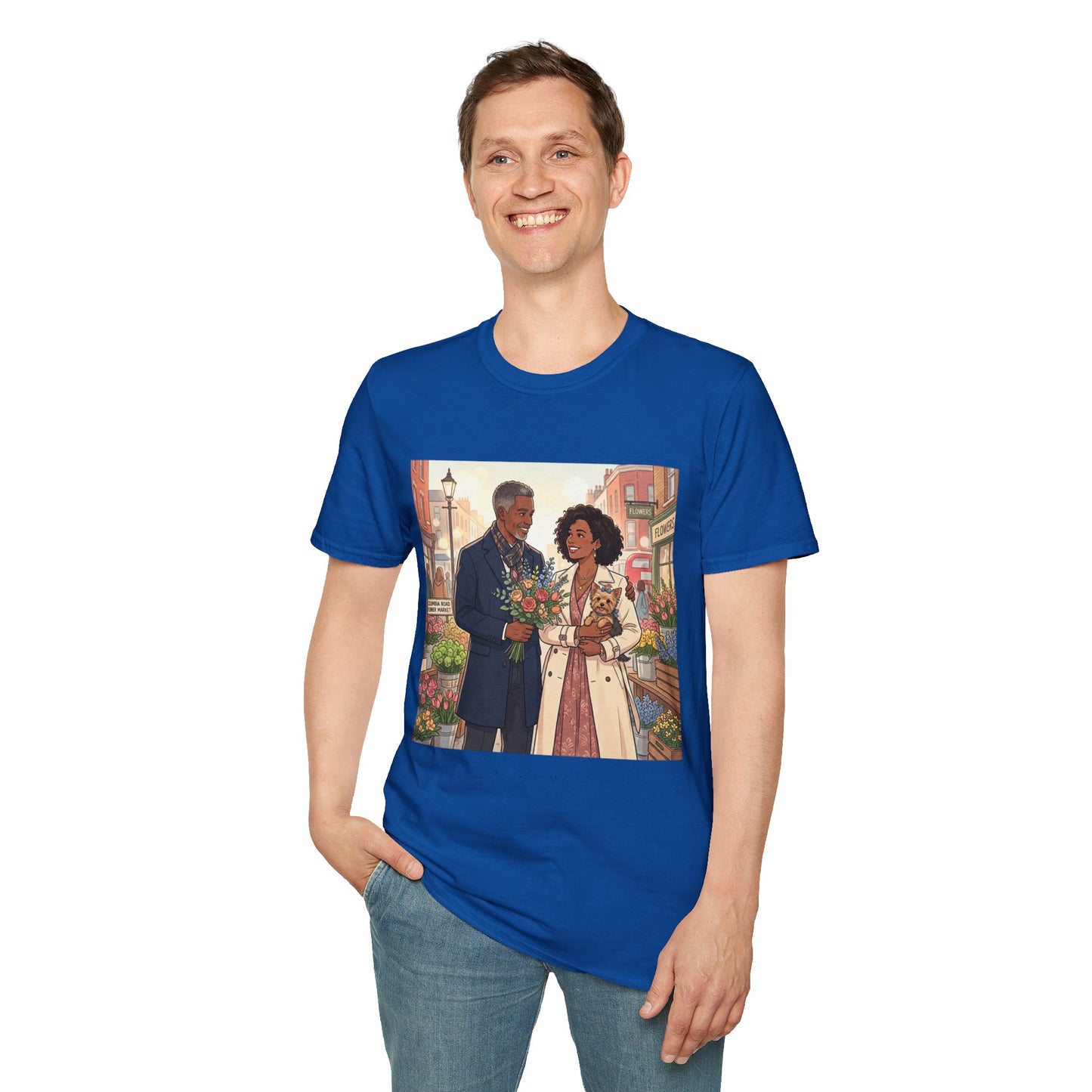 Romantic City Stroll T-Shirt — Couple Bouquet Illustration