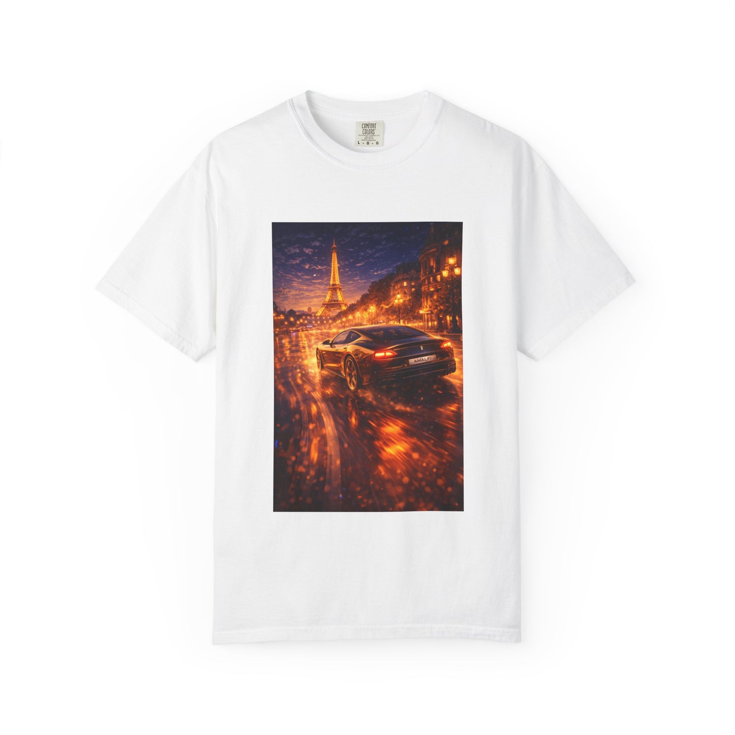 Paris Night Drive T-Shirt — Sports Car in Rainy Cityscape