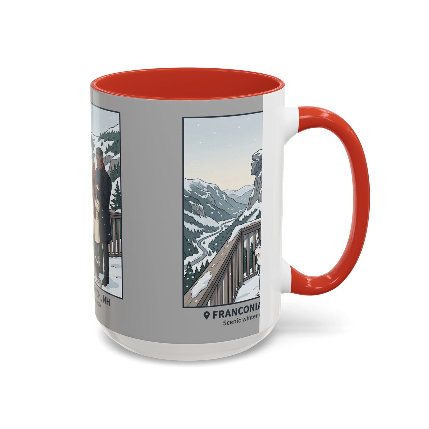 Franconia Notch Scenic Winter Mug — Couples & Dog Snowy Overlook Coffee Cup (11/15oz)