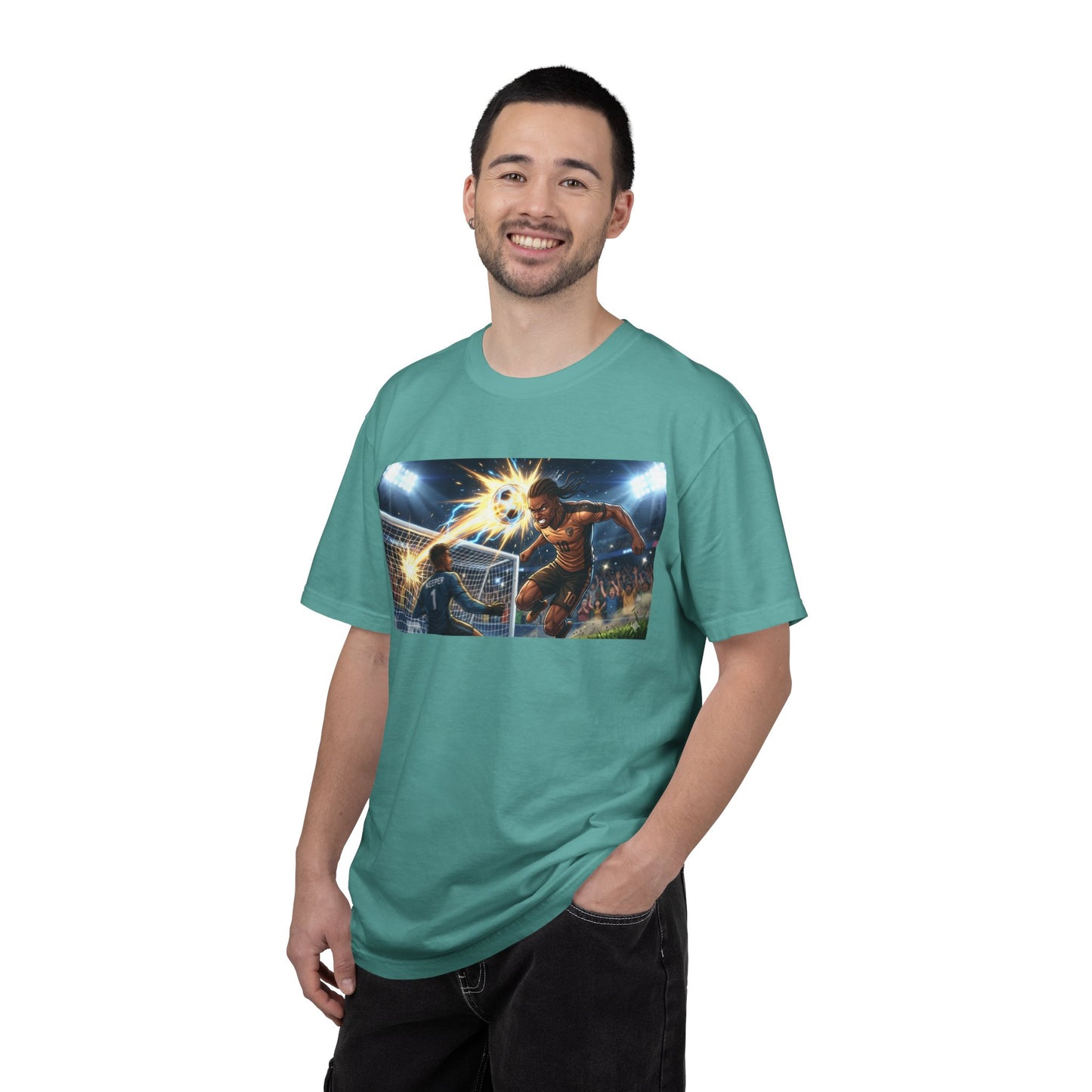 Soccer Goal Celebration T-Shirt — Action Football Scene Graphic Tee