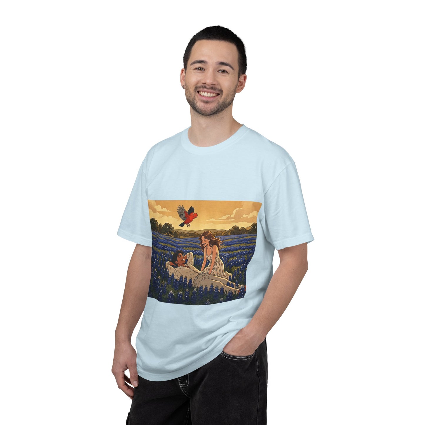 Romantic Bluebonnet Field T-Shirt — Couple in Wildflower Meadow Art Tee