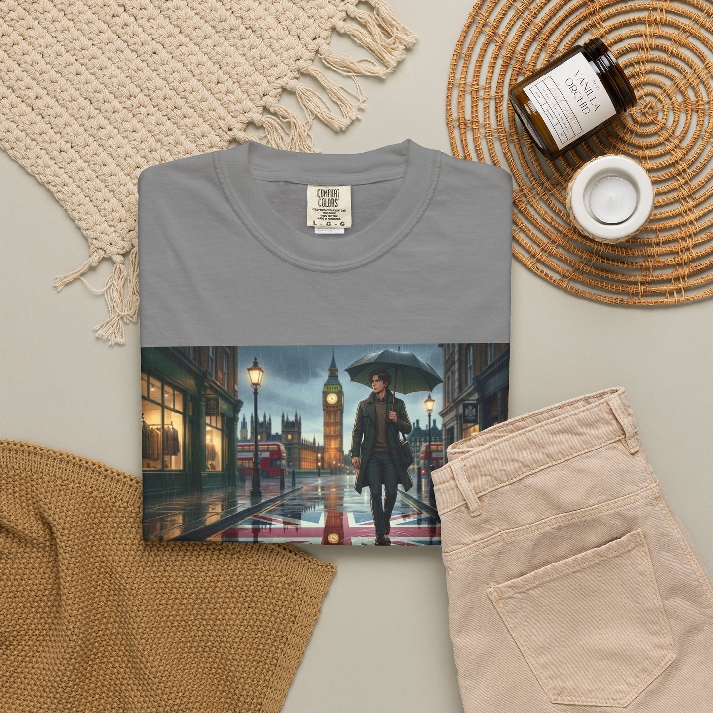 T-Shirt — Rainy London Street Scene Graphic Tee (Big Ben, Umbrella, Night Cityscape)