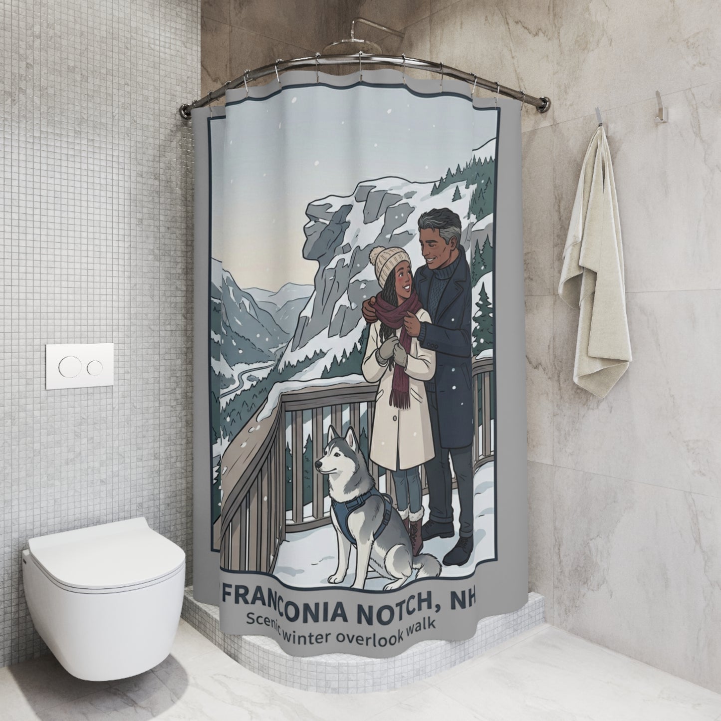 Franconia Notch Winter Shower Curtain — Scenic Snowy Overlook Bathroom Decor