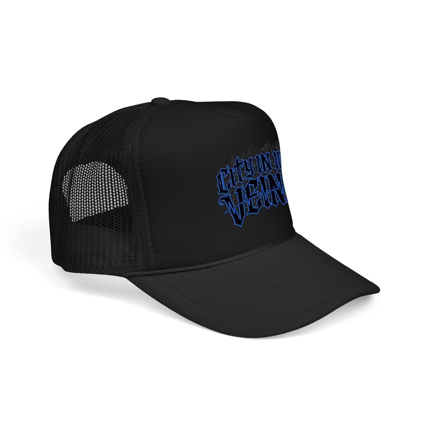 City In My Veins Foam Trucker Hat — Urban Gothic Blue Embroidered Cap