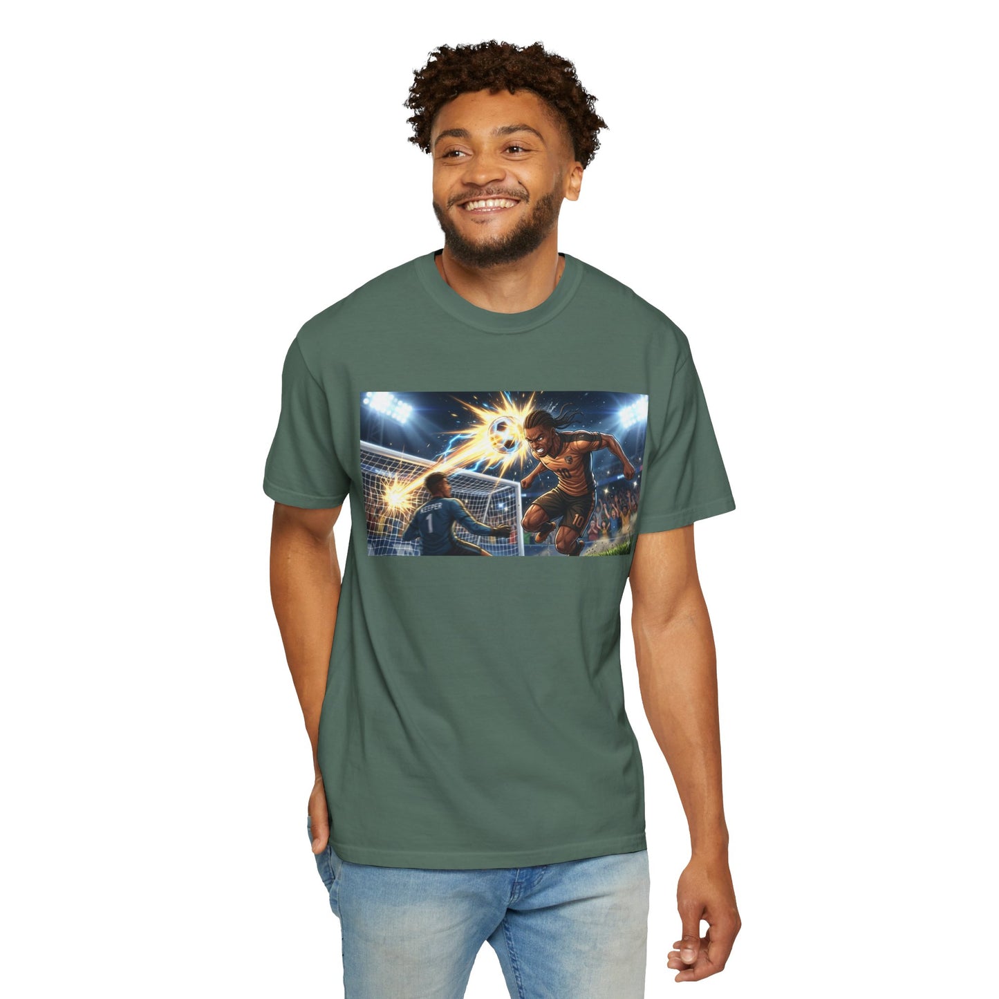 Soccer Goal Celebration T-Shirt — Action Football Scene Graphic Tee