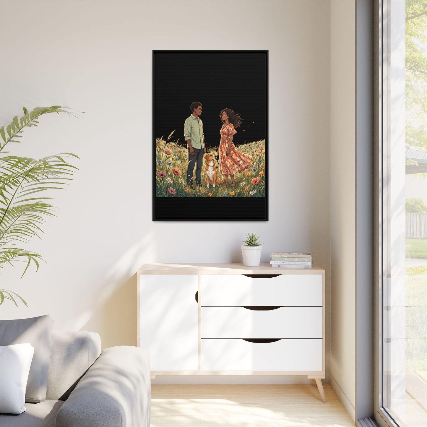 Framed Matte Canvas Print — Romantic Couple in Wildflower Field (Multi‑Color)