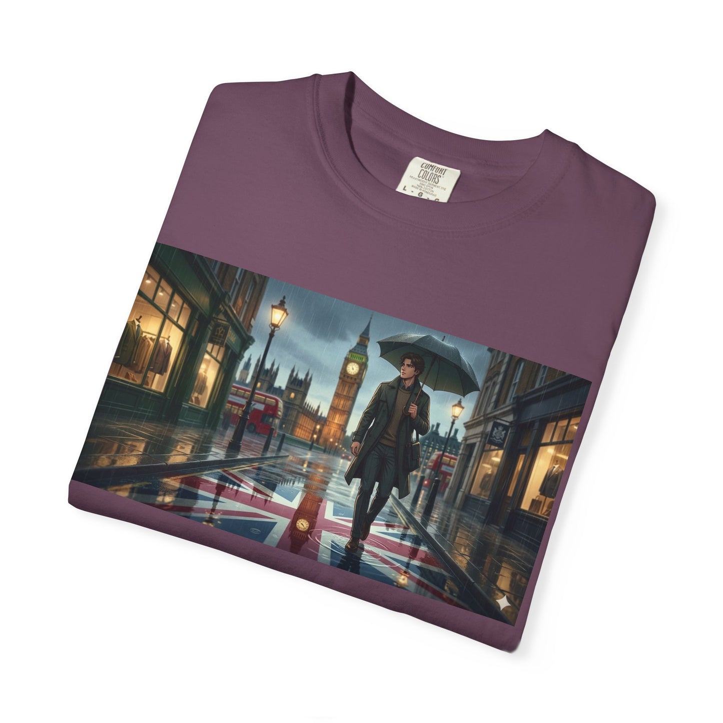 T-Shirt — Rainy London Street Scene Graphic Tee (Big Ben, Umbrella, Night Cityscape)