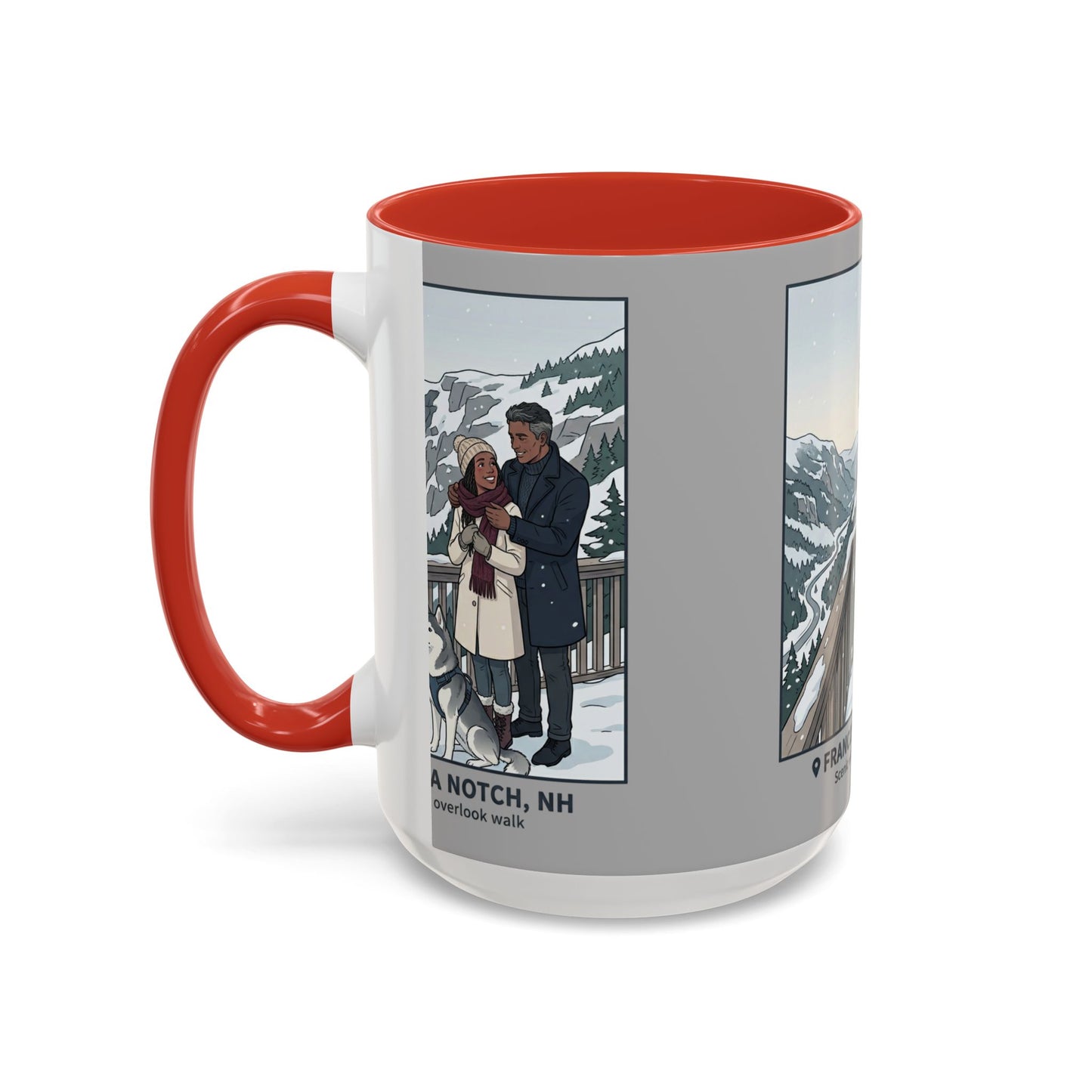 Franconia Notch Scenic Winter Mug — Couples & Dog Snowy Overlook Coffee Cup (11/15oz)