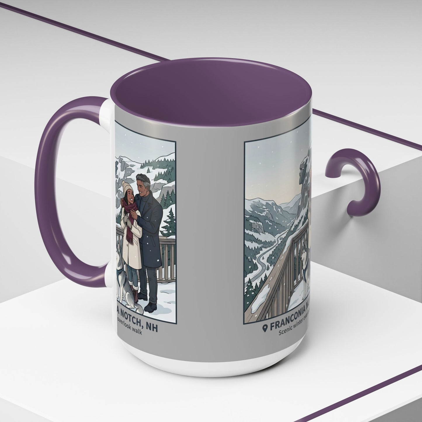 Franconia Notch Scenic Winter Mug — Couples & Dog Snowy Overlook Coffee Cup (11/15oz)