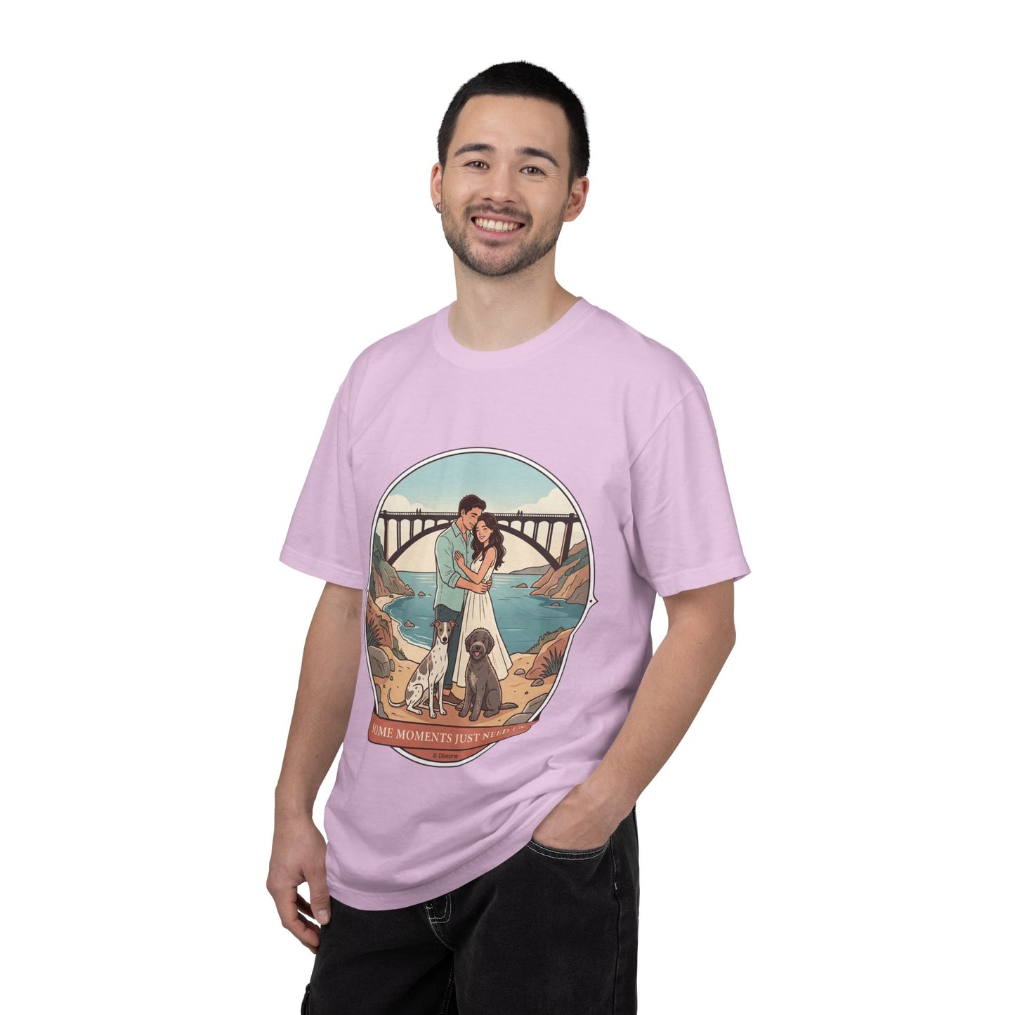 T-Shirt — Romantic Coastal Couples Tee “Some Moments Are Forever” with Dogs