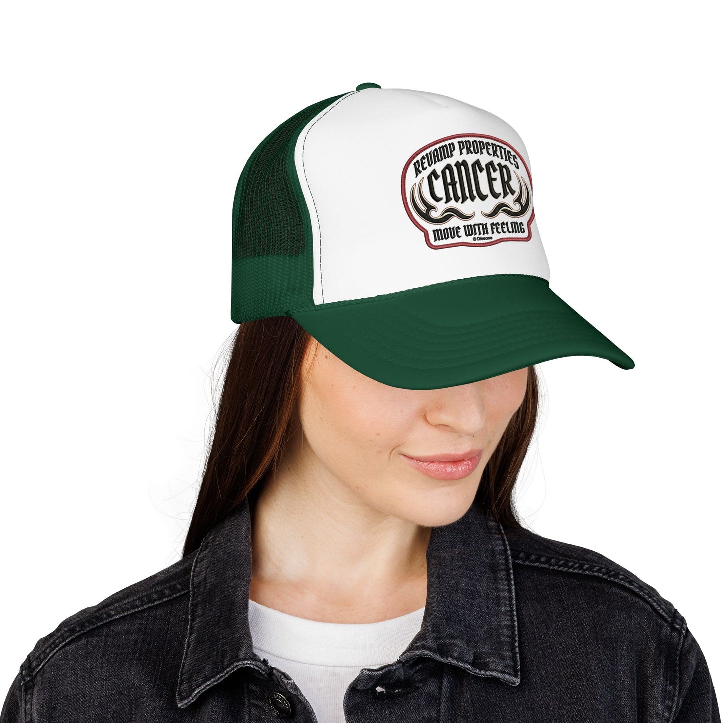 Cancer Zodiac Trucker Hat — Vintage Embroidered Skull & Crab Design