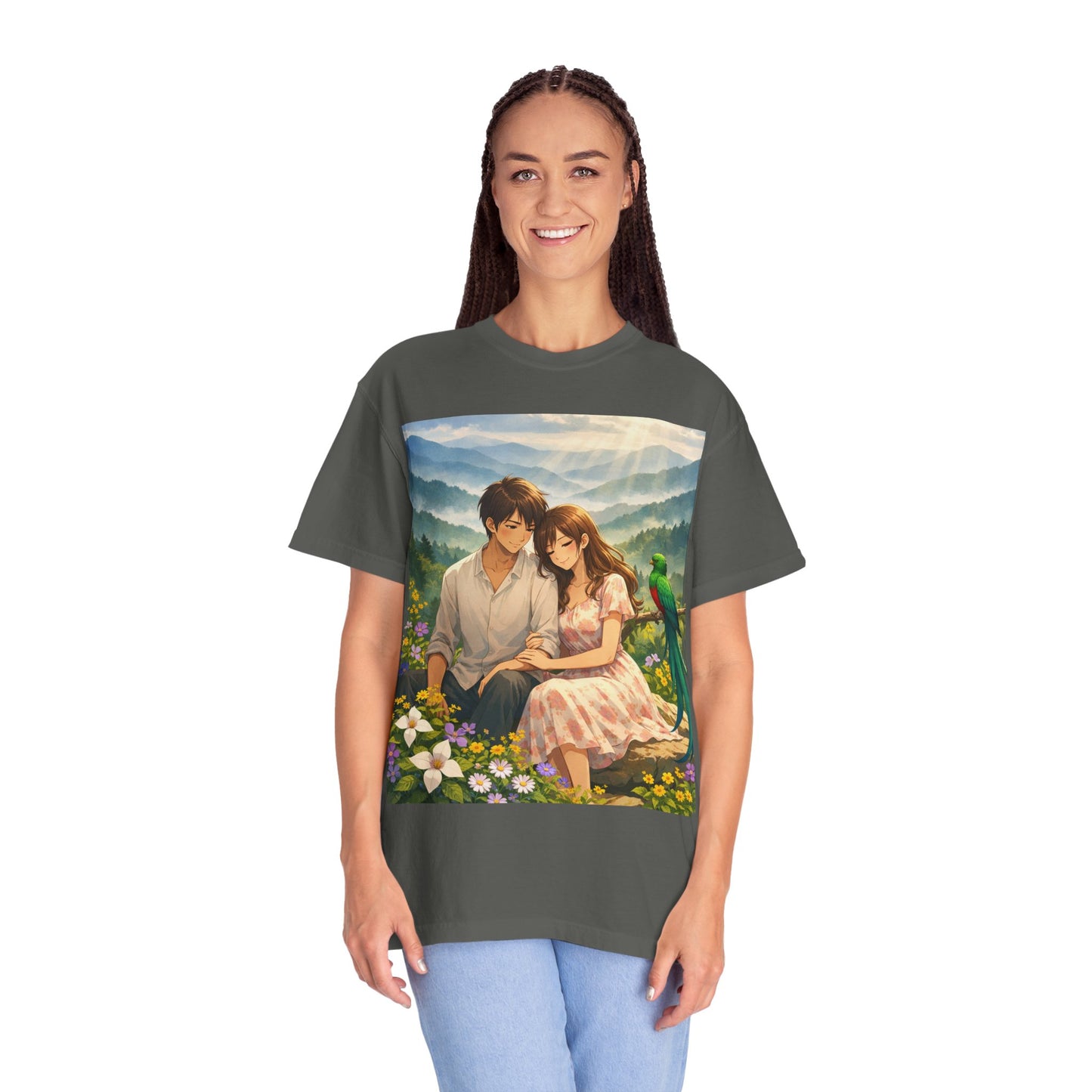 Romantic Anime Couple T-Shirt — Sunset Meadow Illustration