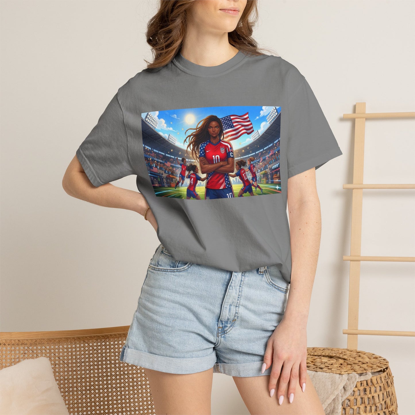 Soccer Mom USA T-Shirt — Female Soccer Player with American Flag Stadium Graphic