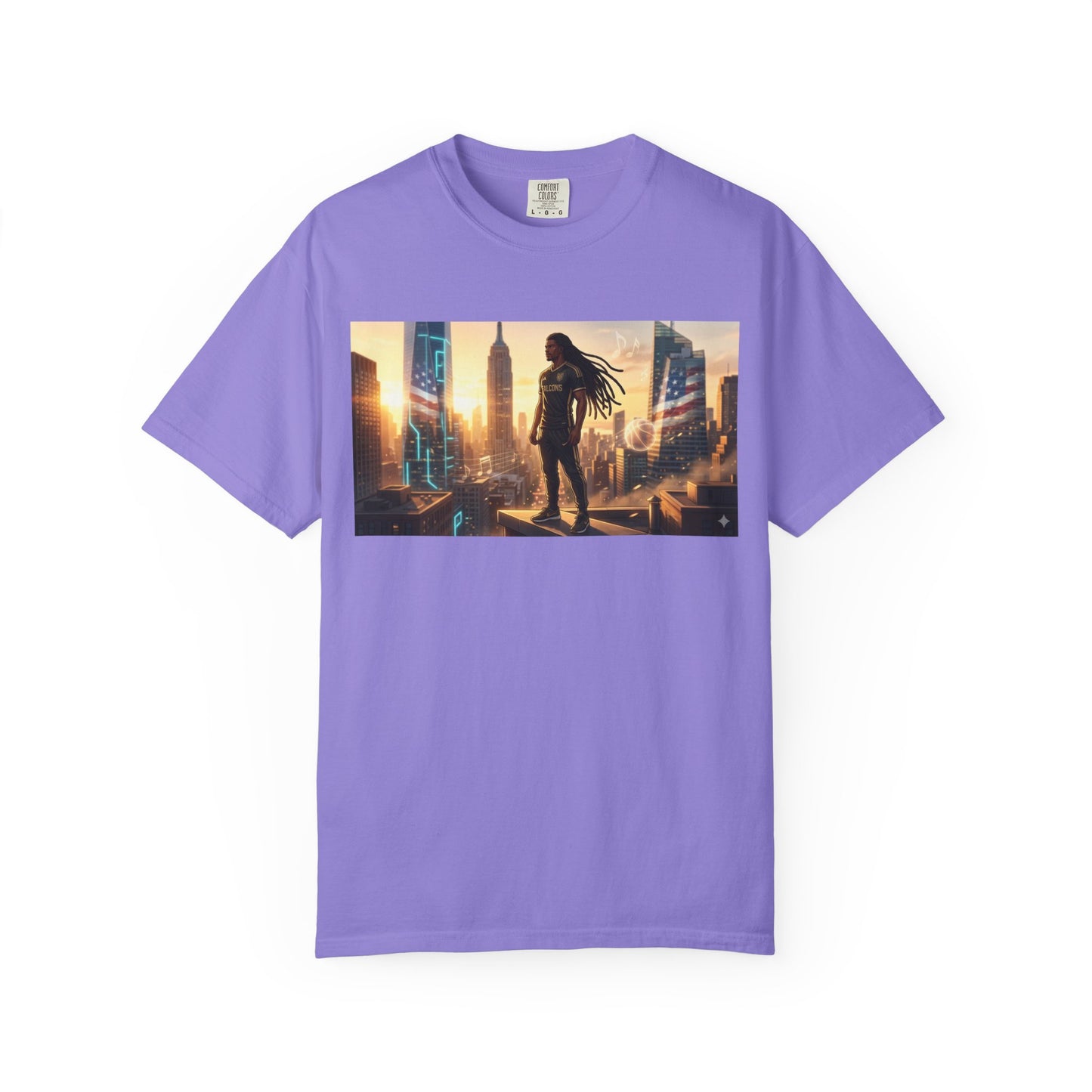 Cyberpunk Cityscape T-Shirt — Silhouette Hero at Sunset