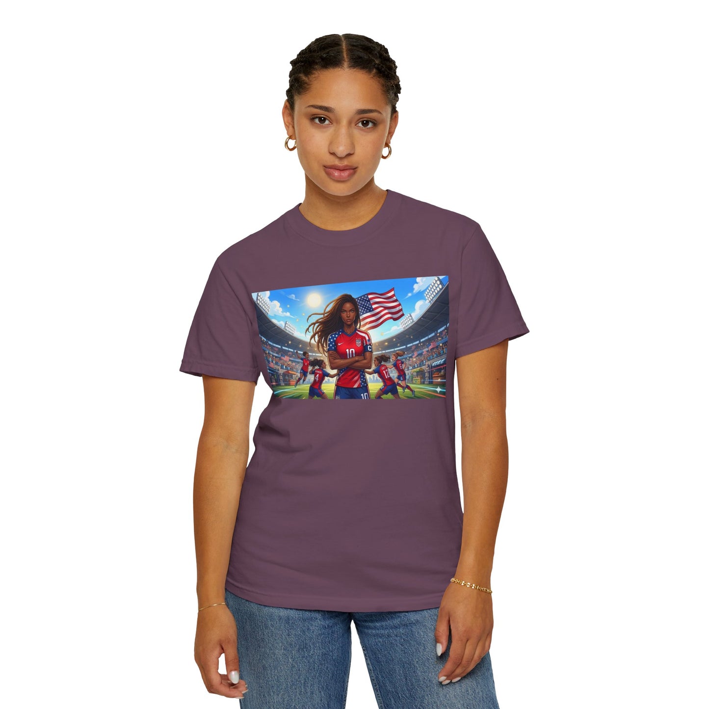 Soccer Mom USA T-Shirt — Female Soccer Player with American Flag Stadium Graphic