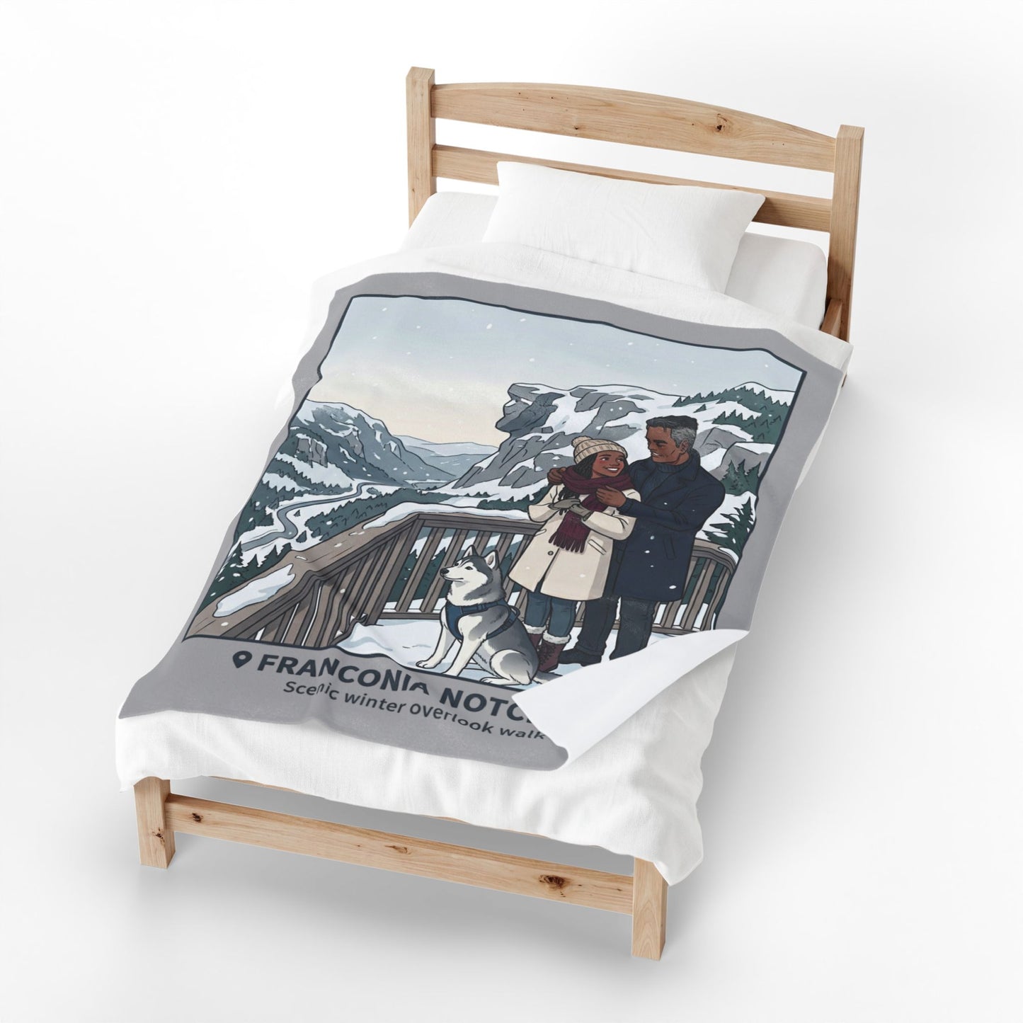 Velveteen Blanket — Franconia Notch NH Winter Scenic Throw with Couple & Husky