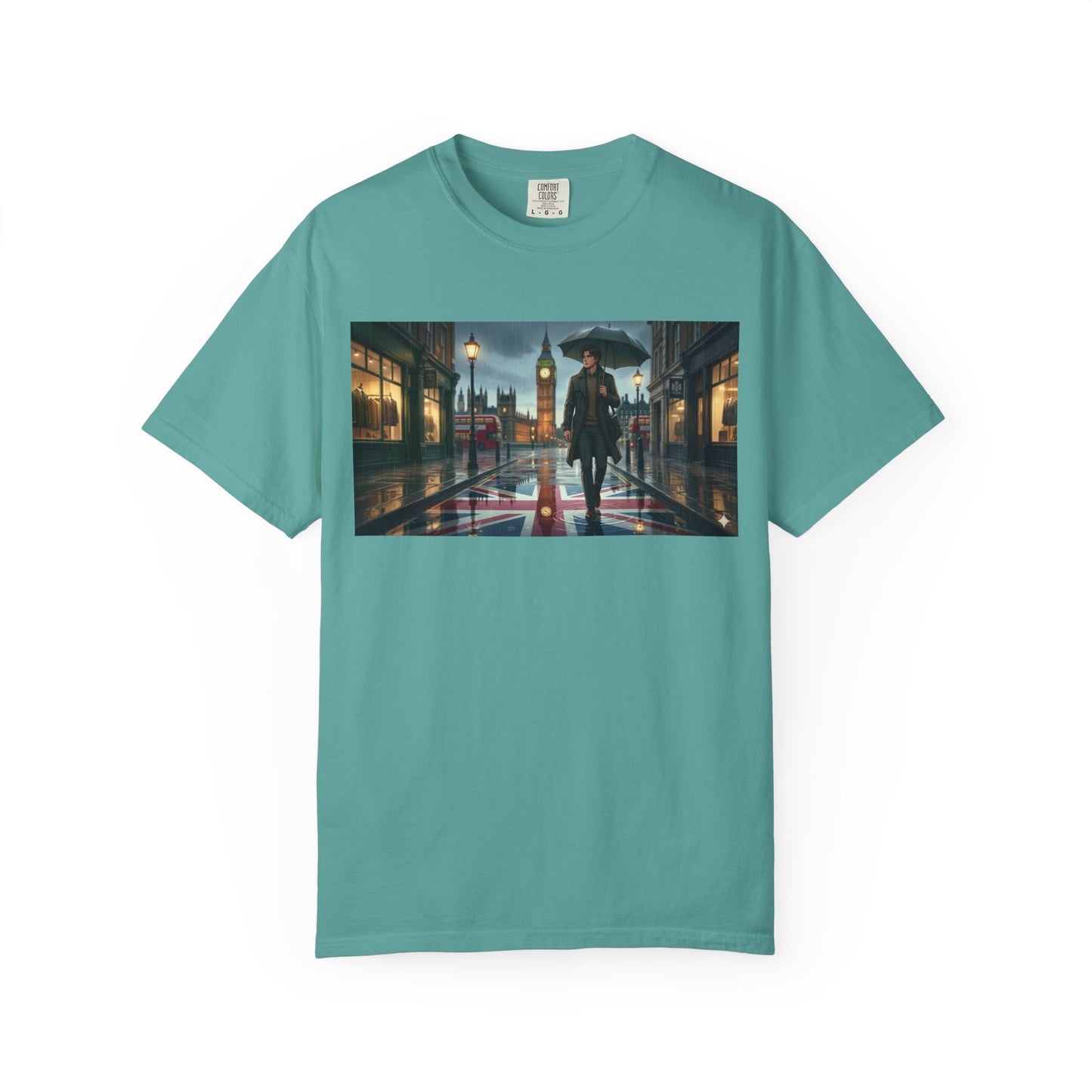 T-Shirt — Rainy London Street Scene Graphic Tee (Big Ben, Umbrella, Night Cityscape)