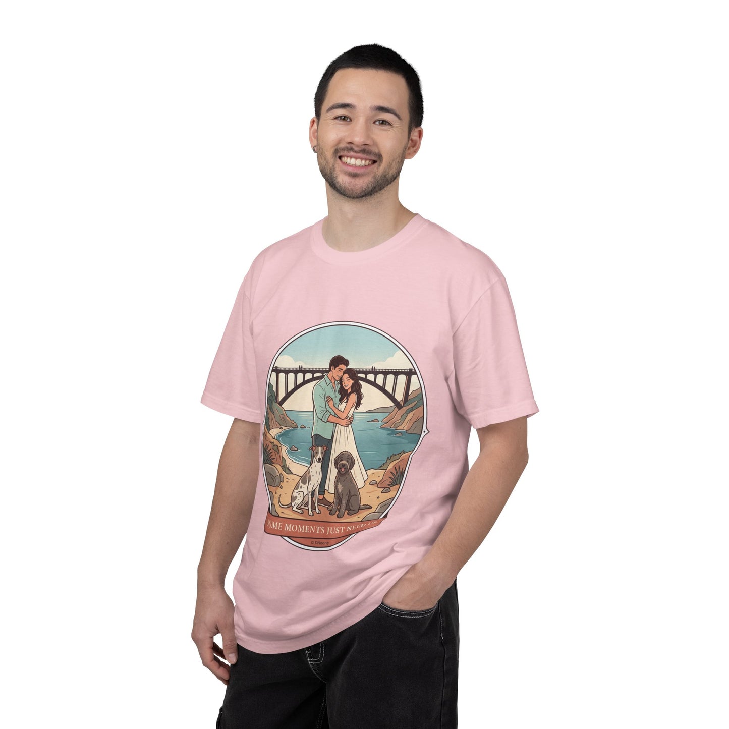 T-Shirt — Romantic Coastal Couples Tee “Some Moments Are Forever” with Dogs