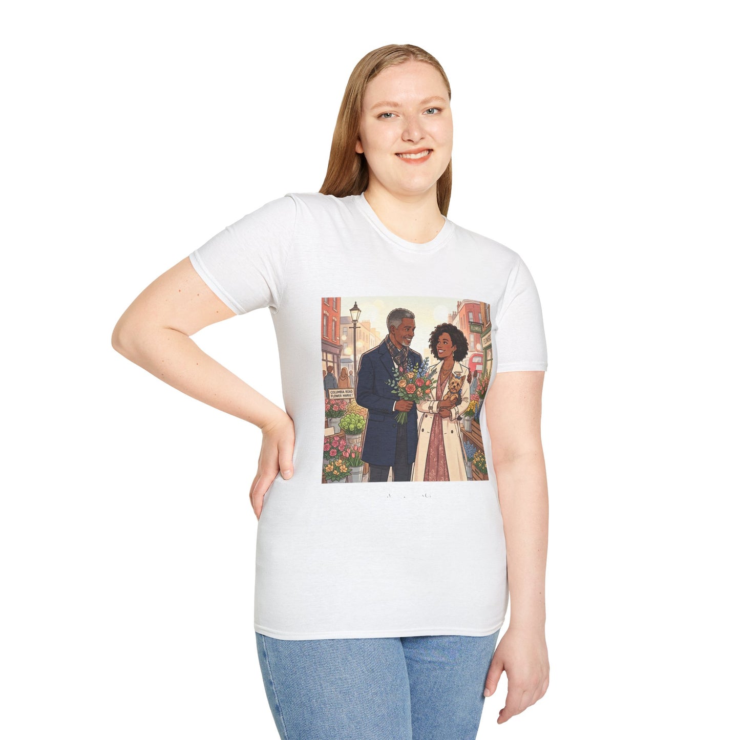 Romantic City Stroll T-Shirt — Couple Bouquet Illustration