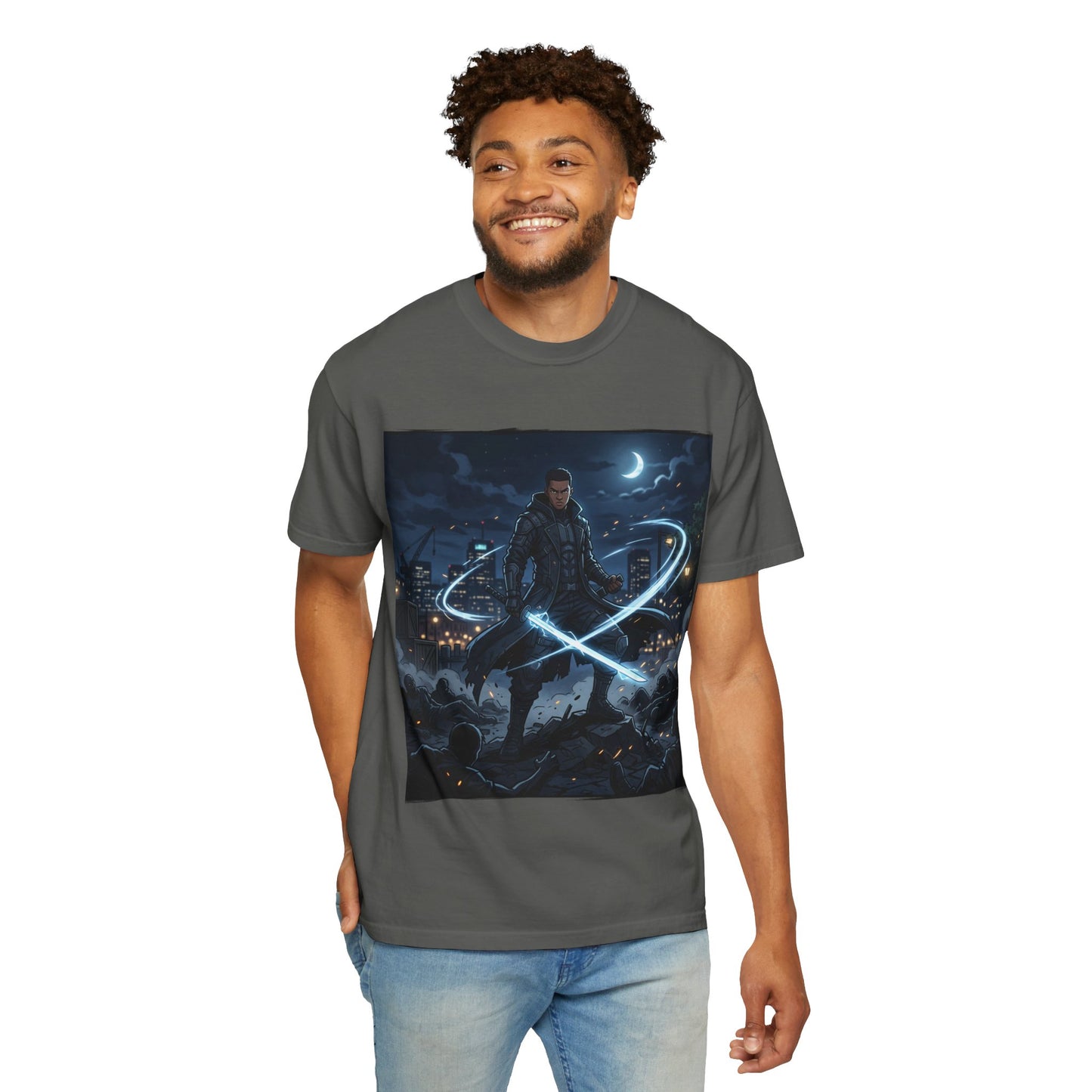 Urban Night Warrior T-Shirt — Neon Samurai Cityscape