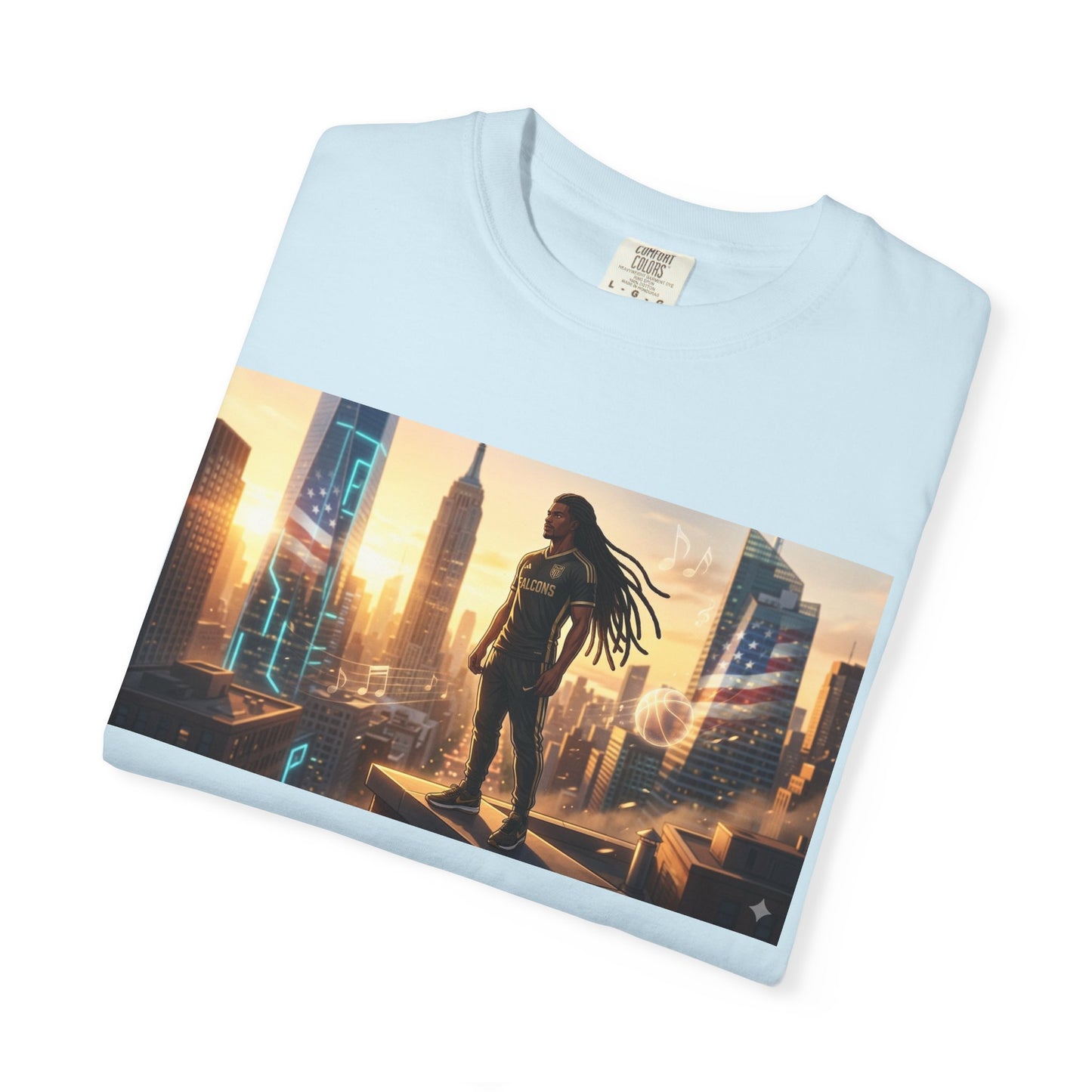 Cyberpunk Cityscape T-Shirt — Silhouette Hero at Sunset