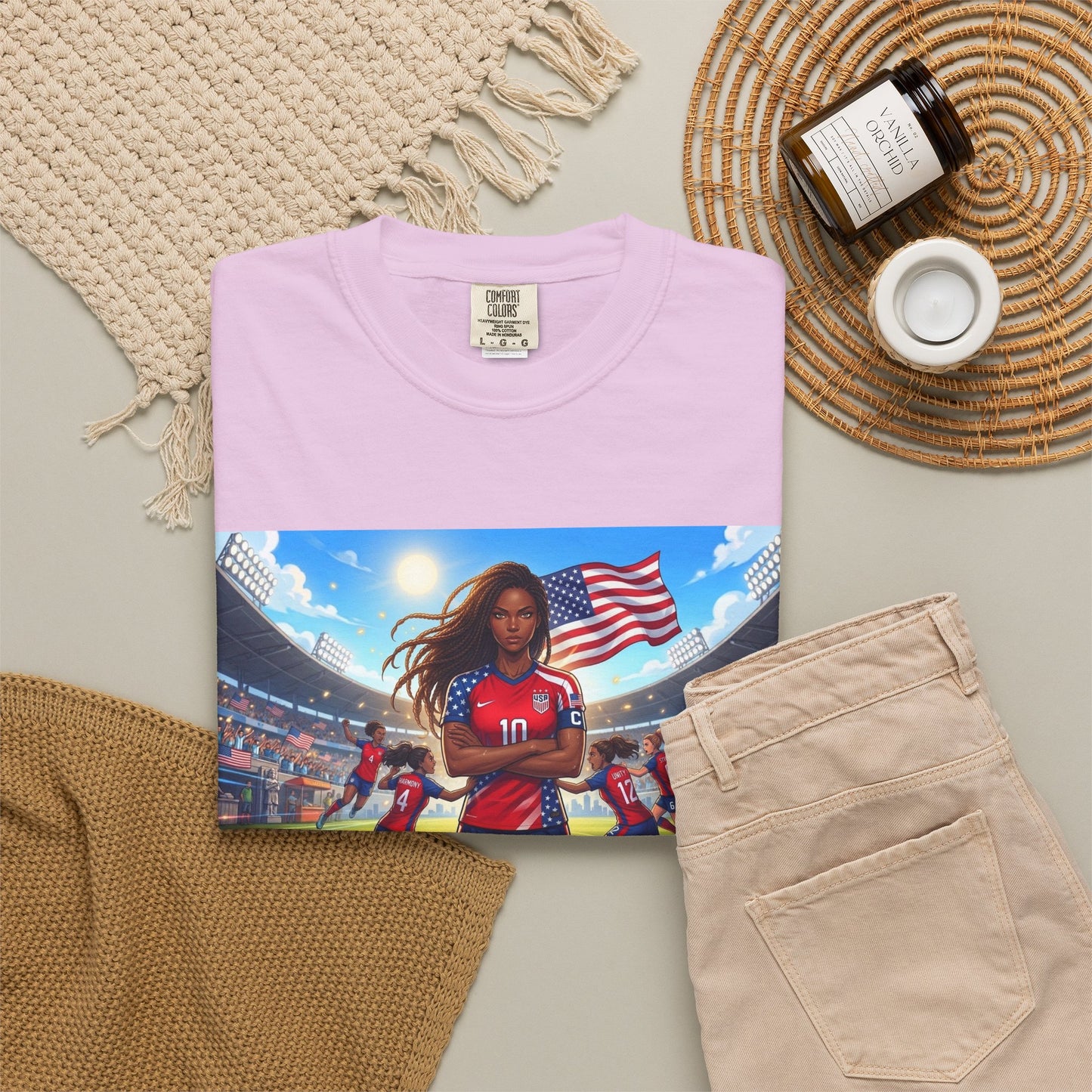 Soccer Mom USA T-Shirt — Female Soccer Player with American Flag Stadium Graphic
