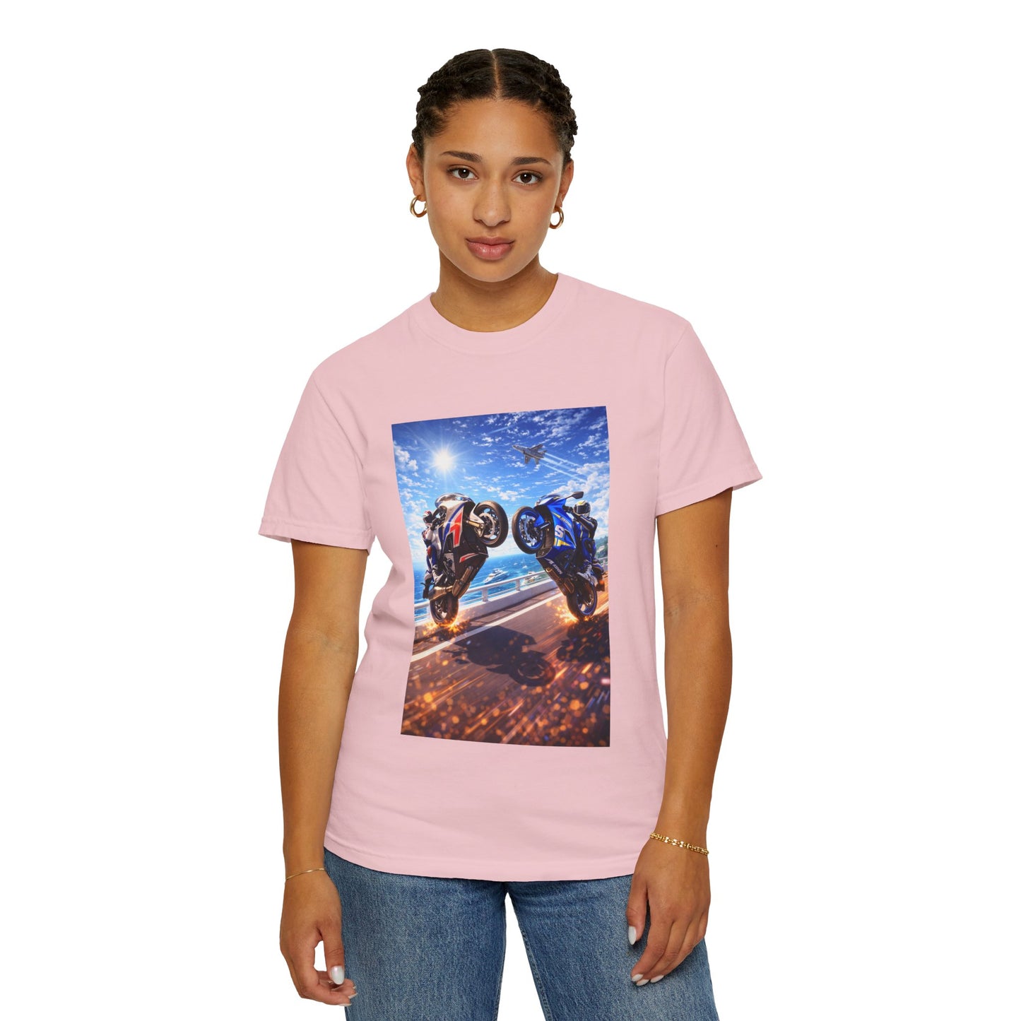 Stunt Riders Motorcycle T-Shirt — Two Bike Wheelie Racing Graphic Tee