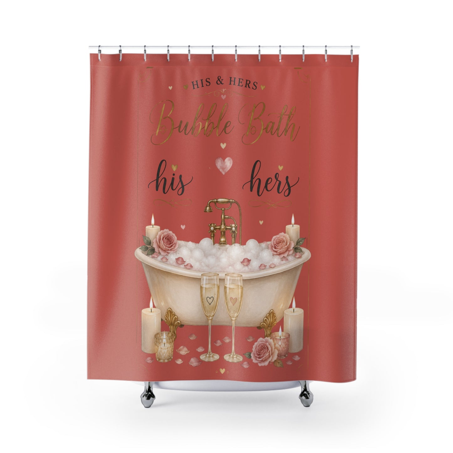 Petals & Suds. Sip. Soak & Stay! Shower Curtain – His & Hers Romantic Bath Decor for Couples