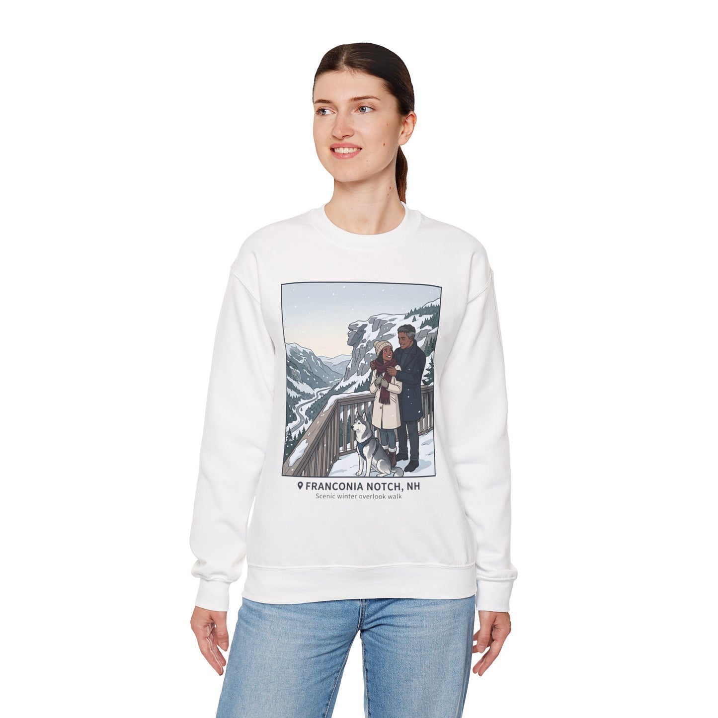 Crewneck Sweatshirt — Franconia Notch Winter Couple Scenic Graphic