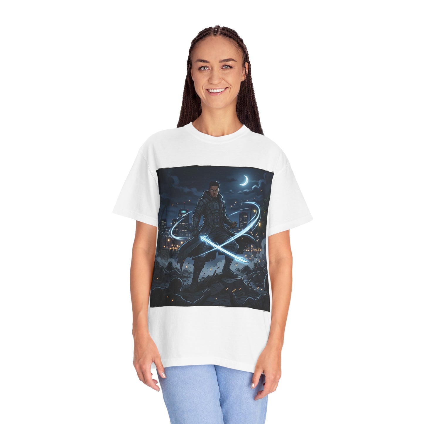 Urban Night Warrior T-Shirt — Neon Samurai Cityscape