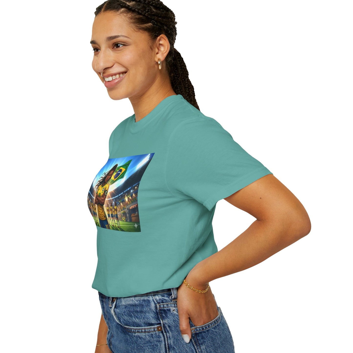 Brazil Soccer Captain T-Shirt — Player Holding Ball with Brazilian Flag Stadium Graphic